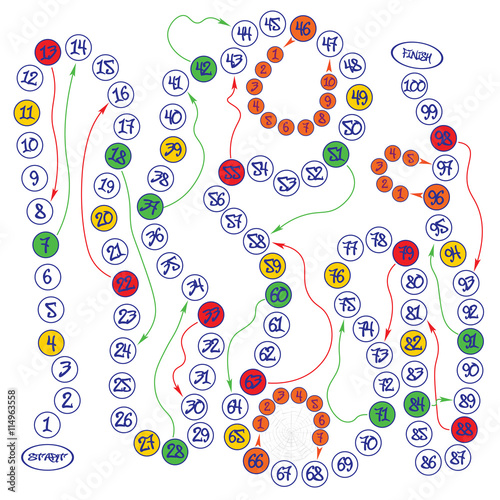 The Board game one hundred strokes with movements up and down, color numbers.