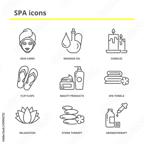 Spa and beauty icons set: skin care, massage oil, candles, flip