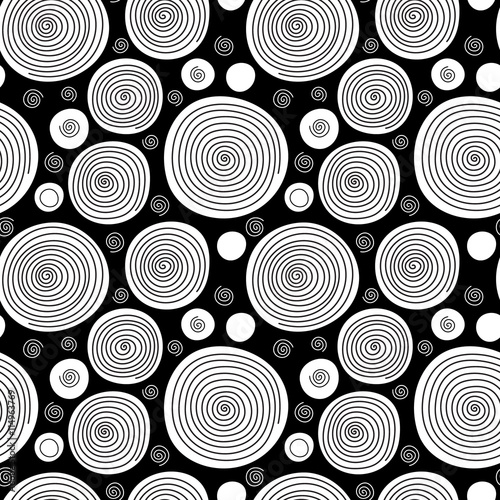 Black and white doodle spiral circles seamless pattern, vector