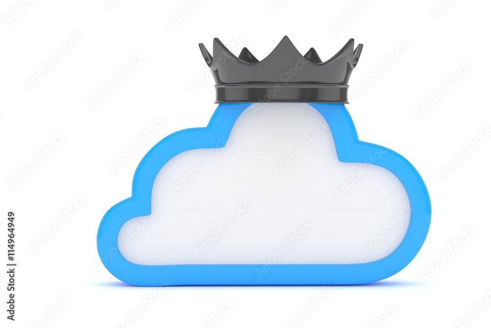 Isolated blue cloud icon with black crown on white background. Symbol of communication, network and technology. Broadband. Online database. 3D rendering. Isolated blue cloud icon with black crown on white background. Symbol of communication, network and technology. Broadband. Online database. 3D rendering.