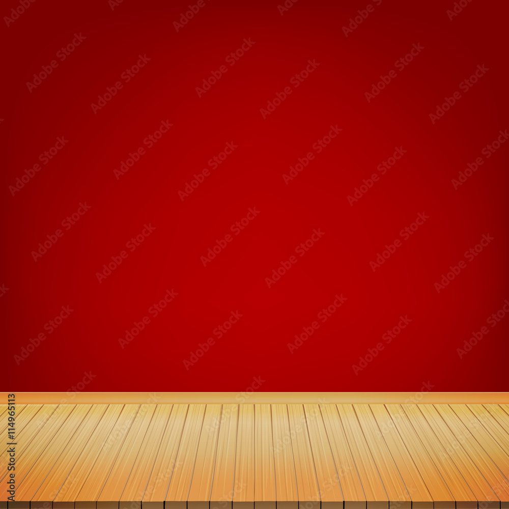 Brown wood floor with red background empty room with space vecto Brown wood floor with red background empty room with space vecto
