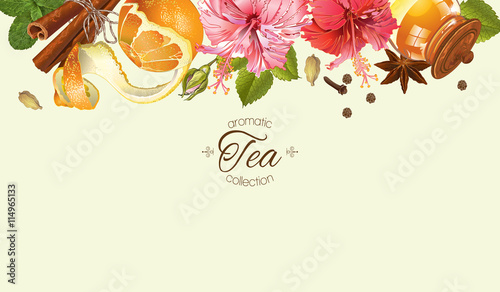Vector vintage aromatic tea horizontal banner with citrus fruits,hibiscus, jasmine and linden flowers. With place for text. 