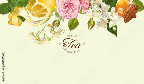 Vector vintage aromatic tea horizontal banner with citrus lemon, honey, jasmi...