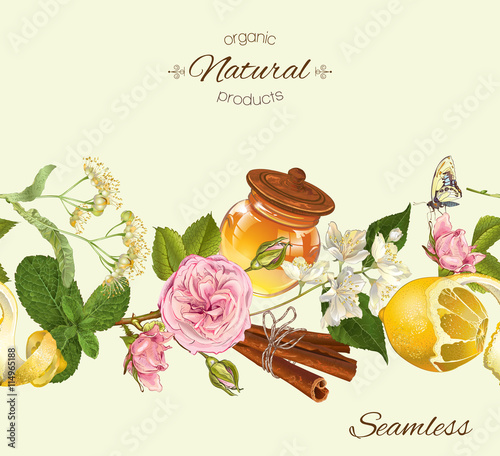 Vector horizontal natural products seamless banner with honey, rose,jasmine and linden flowers. Design for tea, cosmetics, health care products. 