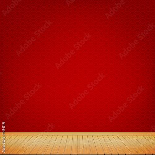 Brown wood floor with red chinese style background empty room wi