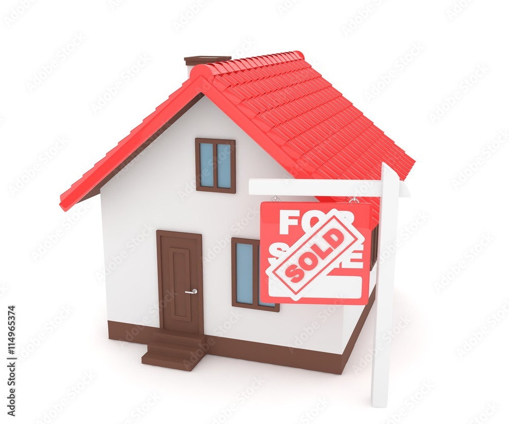 Isolated model of house with sign for sale sold. Concept of real estate, new apartment and moving to a new house. 3D rendering. Isolated model of house with sign for sale sold. Concept of real estate, new apartment and moving to a new house. 3D rendering.