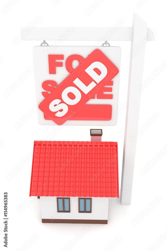 Isolated model of house with sign for sale sold. Concept of real estate, new apartment and moving to a new house. 3D rendering.