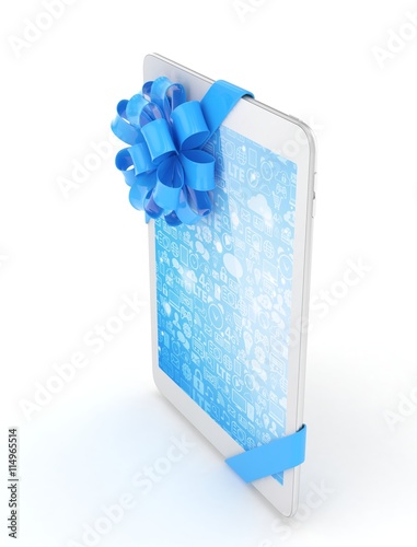 White tablet with blue bow and blue screen. 3D rendering.