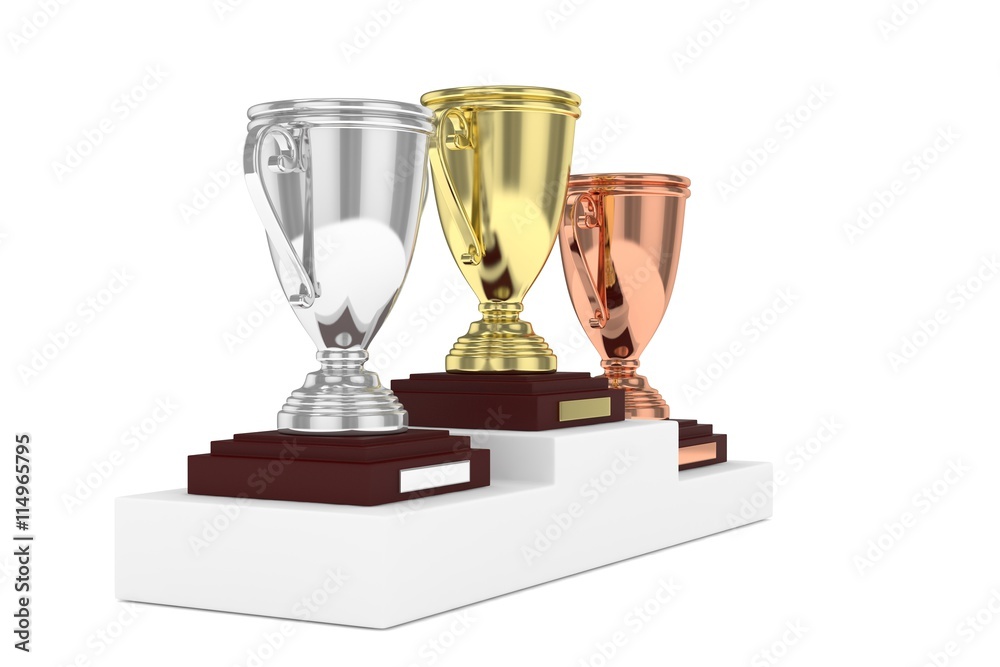 Three cups on white pedestal. 3D rendering.