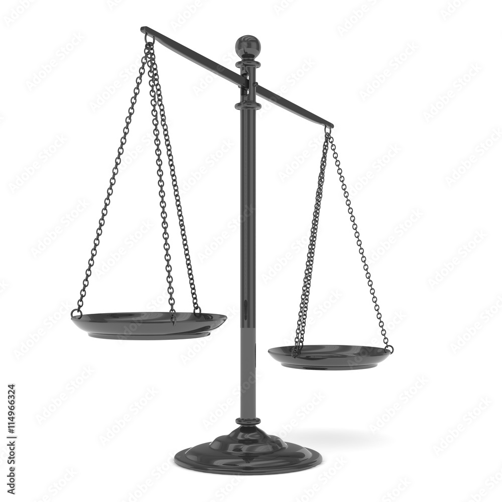 Isolated black scales on white background. Symbol of judgement. Law, measurement, liberty in one concept. 3D rendering. Isolated black scales on white background. Symbol of judgement. Law, measurement, liberty in one concept. 3D rendering.