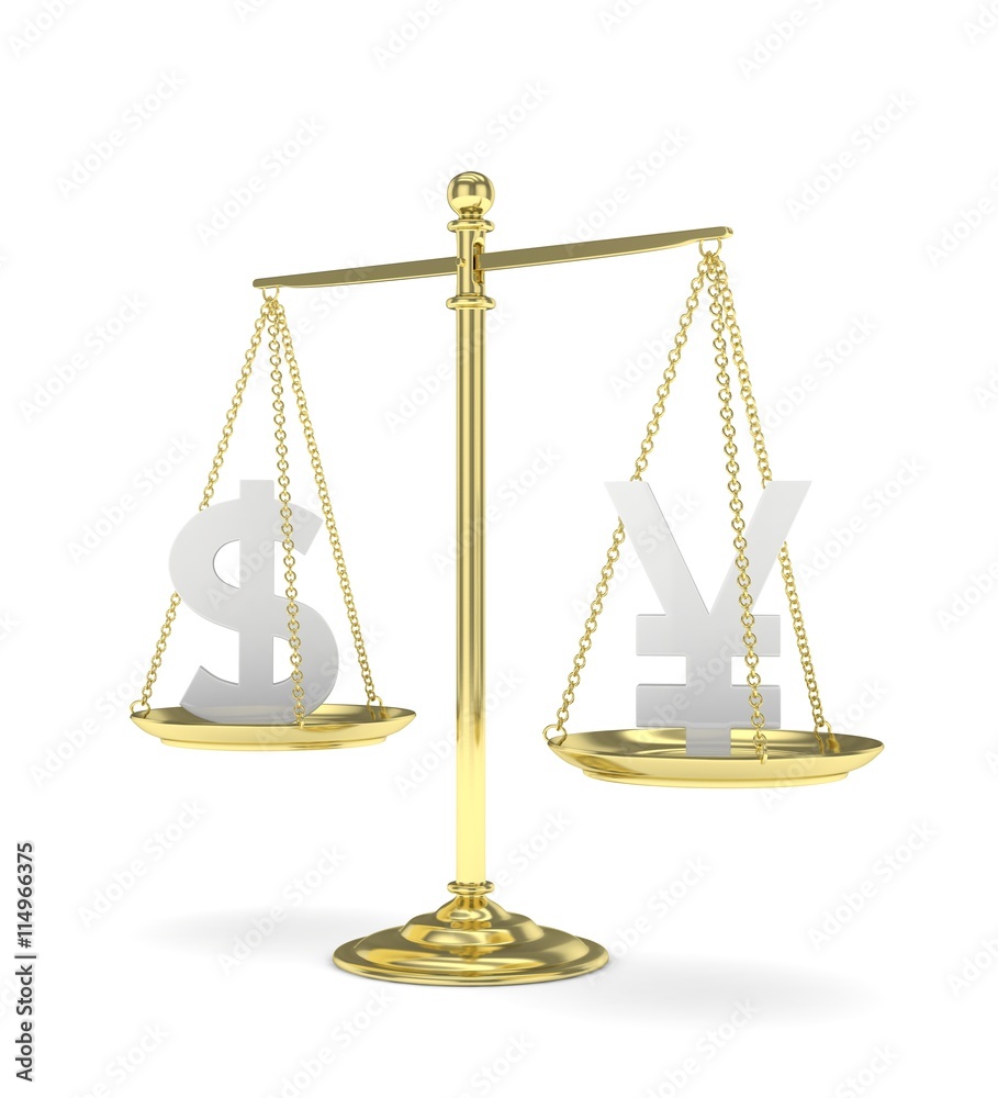 Isolated old fashioned pan scale with dollar and yuan,yen on white background. American and chinese and japanese currency. Currency equality. 3D rendering. Isolated old fashioned pan scale with dollar and yuan,yen on white background. American and chinese and japanese currency. Currency equality. 3D rendering.