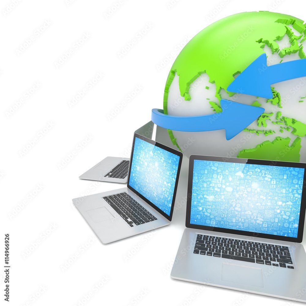 Laptop network around earth globe. 3d rendering.