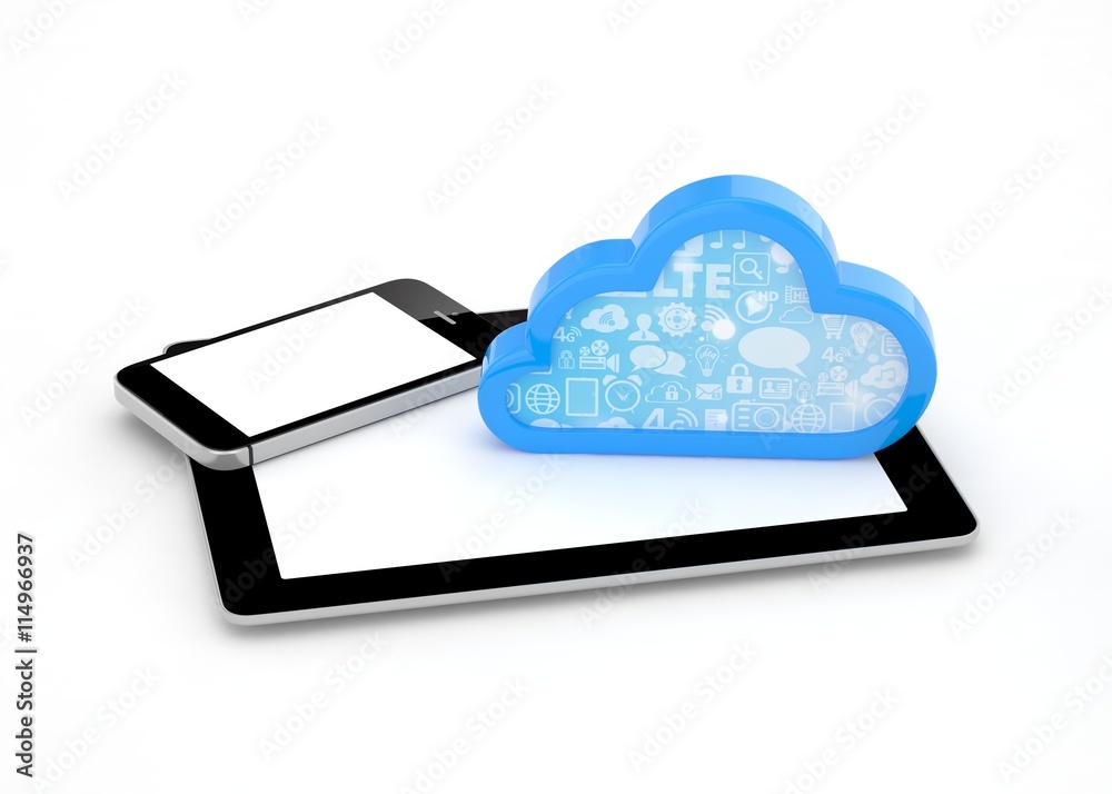 tablet pc, smart phone and cloud. 3d rendering. tablet pc, smart phone and cloud. 3d rendering.