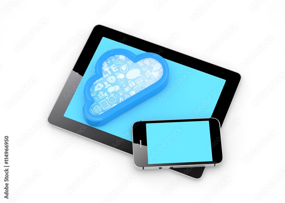 tablet pc, smart phone and cloud. 3d rendering. tablet pc, smart phone and cloud. 3d rendering.