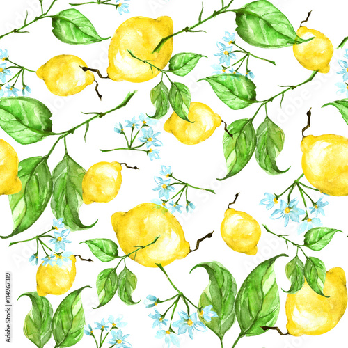  Vintage watercolor pattern - Lemon branch with flowers and leaves. Citrus fruits - orange.