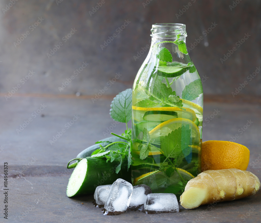 detox drink with fresh cucumber, lemon and ginger, healthy eating and ...