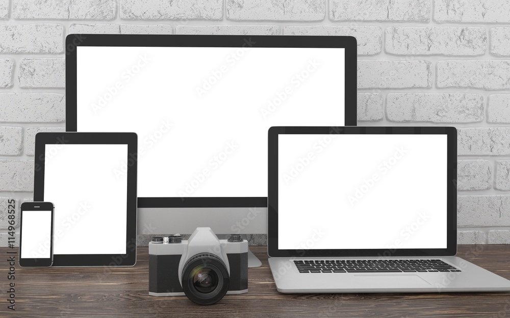 Responsive mockup screen. Monitor, laptop, tablet, phone on table in office. 3d rendering.