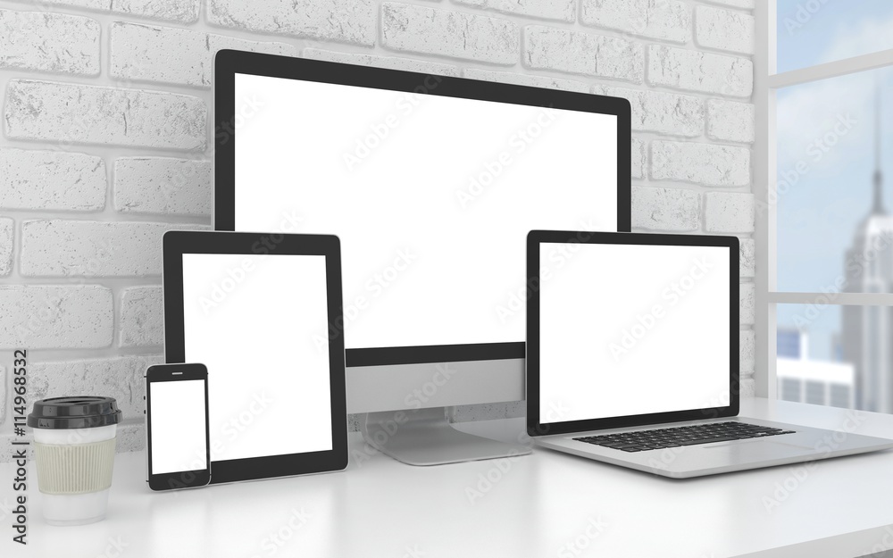 Responsive mockup screen. Monitor, laptop, tablet, phone on table in office. 3d rendering. Responsive mockup screen. Monitor, laptop, tablet, phone on table in office. 3d rendering.