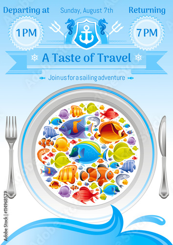 Sea summer travel poster design with tropical butterfly and angel fish icon set and sailing adventure signs. Vector illustration on white background with plate dish and text lettering Taste of Travel