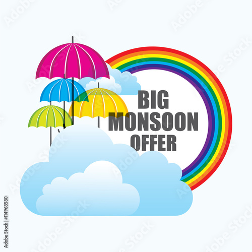 big monsoon offer banner design with colorful umbrella and clouds vector