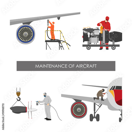 Repair and maintenance aircraft. Workers in overalls repair plan