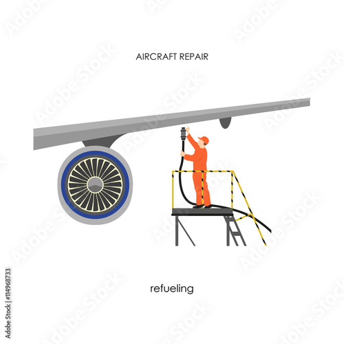 Repair and maintenance aircraft. Man refueling airplane