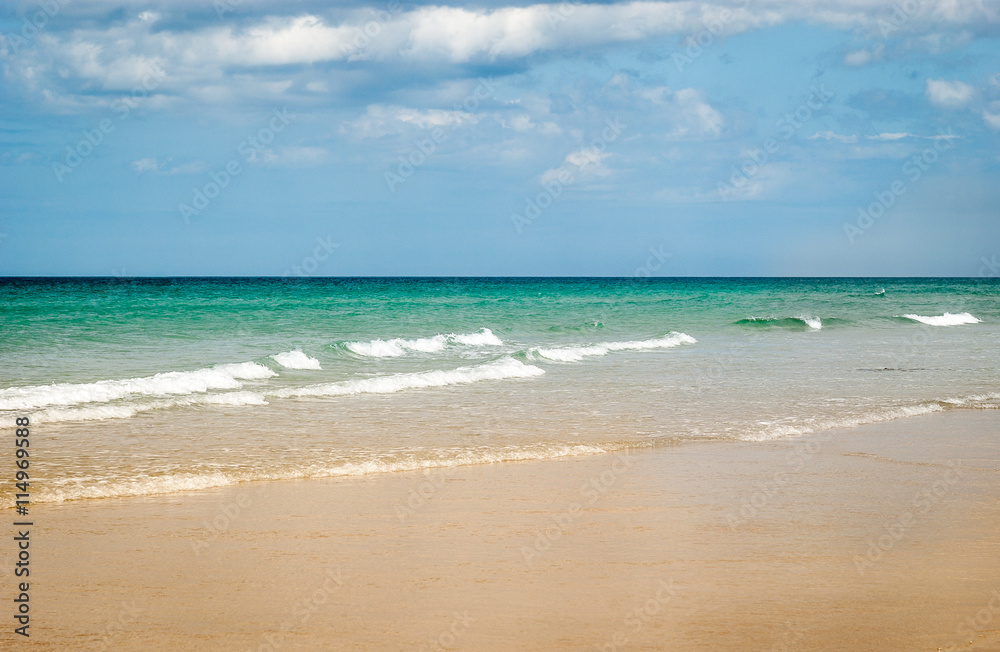 Tropical sandy beach with clear sky at the low tide. Atlantic oc