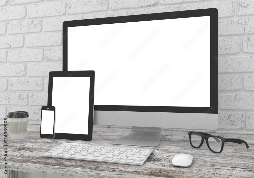 Responsive mockup screen. Monitor, tablet, phone on table in office. 3d rendering. Responsive mockup screen. Monitor, tablet, phone on table in office. 3d rendering.