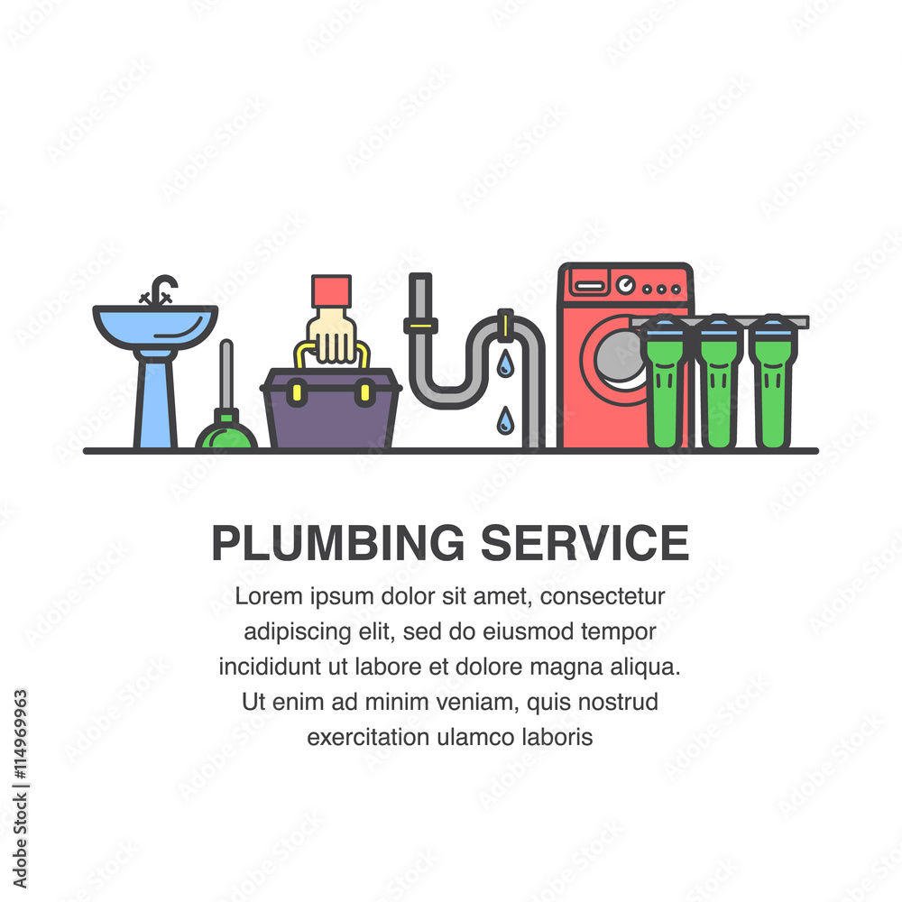 Plumbing service advertisement banner design with plumbing tools and household icons.