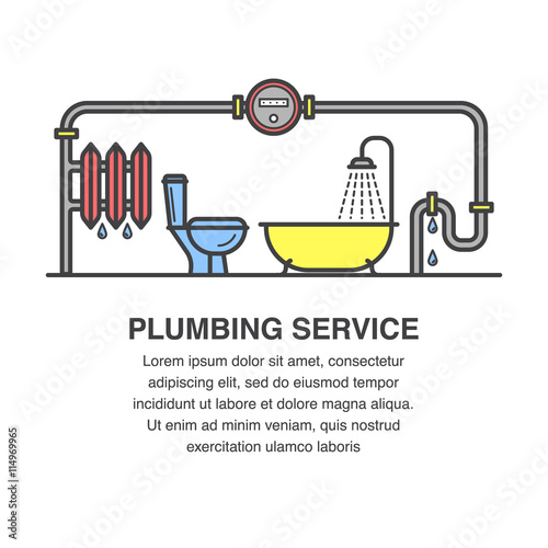 Water meter illustration for plumbing advertisement concept with bathtub, pipes and toilet icons.