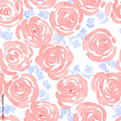 hand drawn watercolor roses and cute little flowers seamless pattern. vector floral illustration