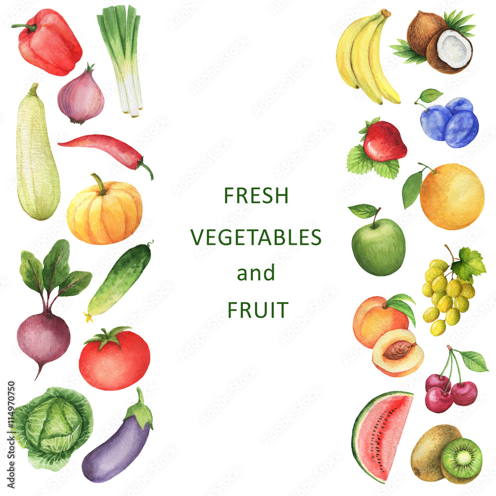 Watercolor collection of vegetables and fruits. Watercolor collection of vegetables and fruits.