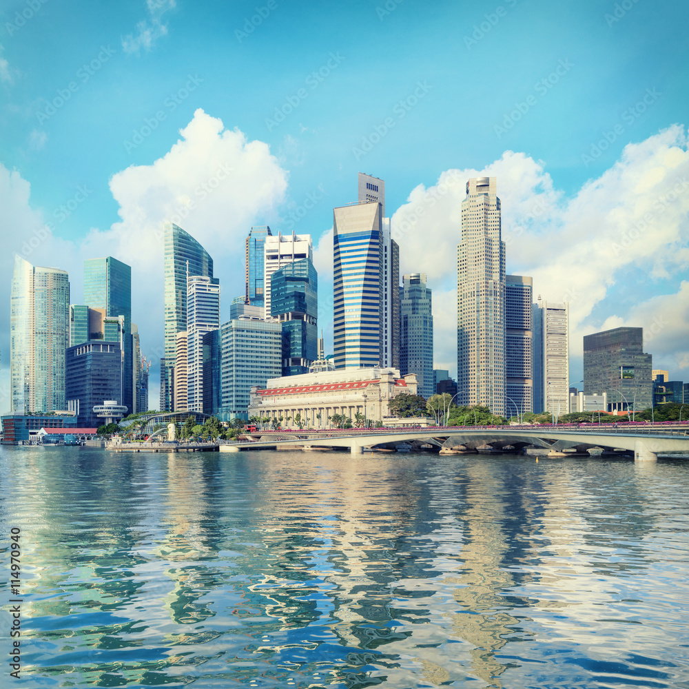 central Singapore skyline. Financial towers and Esplanade drive bridge