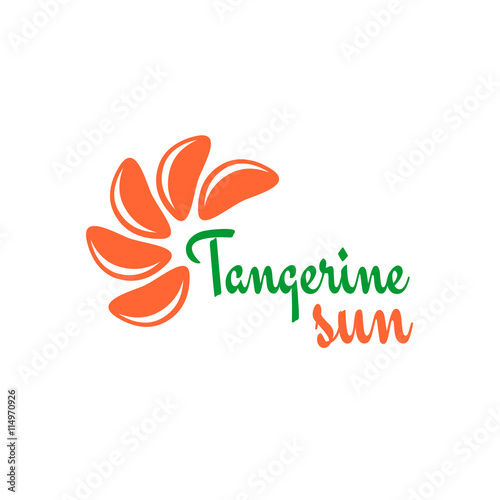 Tangerine slices logo. Mandarine pieces as a sun rays symbol concept.