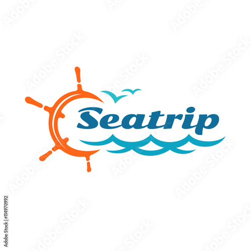 Yacht helm wheel logo with marine sea waves and seagulls silhouette.