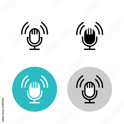 Podcast icon set. Black studio table microphone with sound broadcast audio waves.