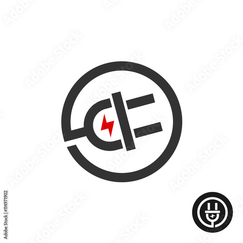 Electric plug in wire icon. Power source logo with flash electricity sign.