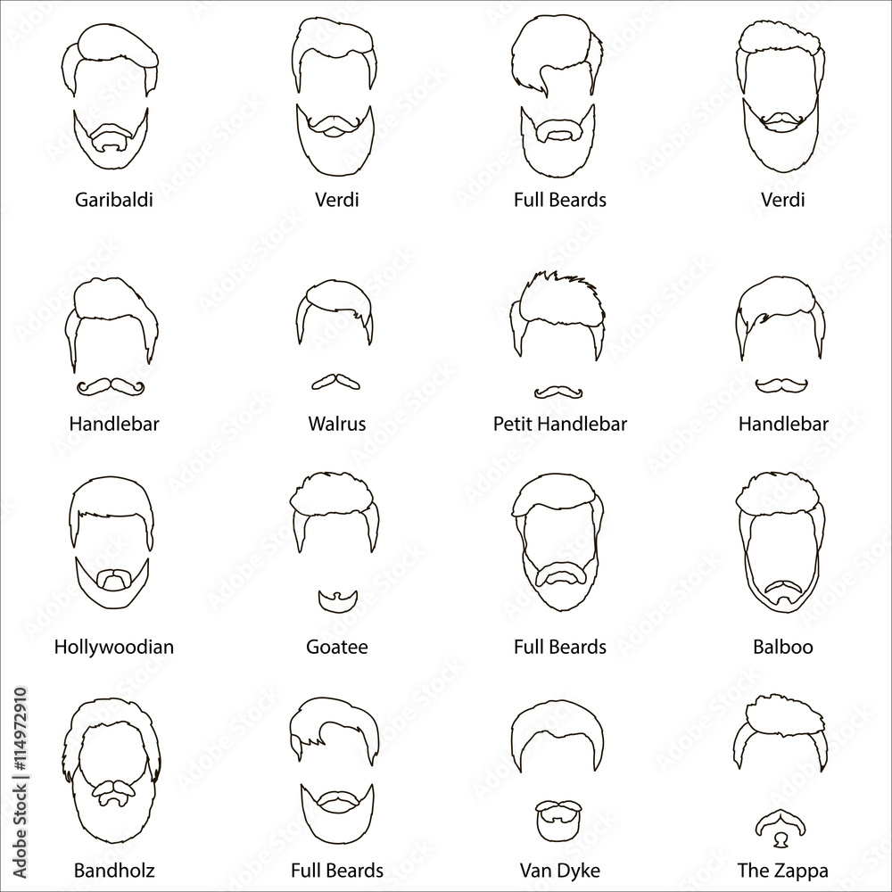 Mans hair set of beards and mustaches vector line. Hipster style fashion  beards and hair isolated illustration outline. Peoples hairstyle icon,  collection of beards mustaches barbershop. Stock Vector | Adobe Stock