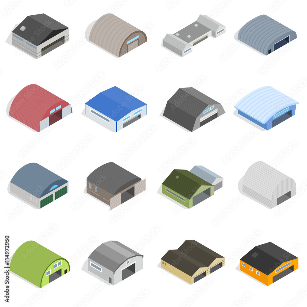 Hangar Icons set in isometrc 3d style isolated vector illustration