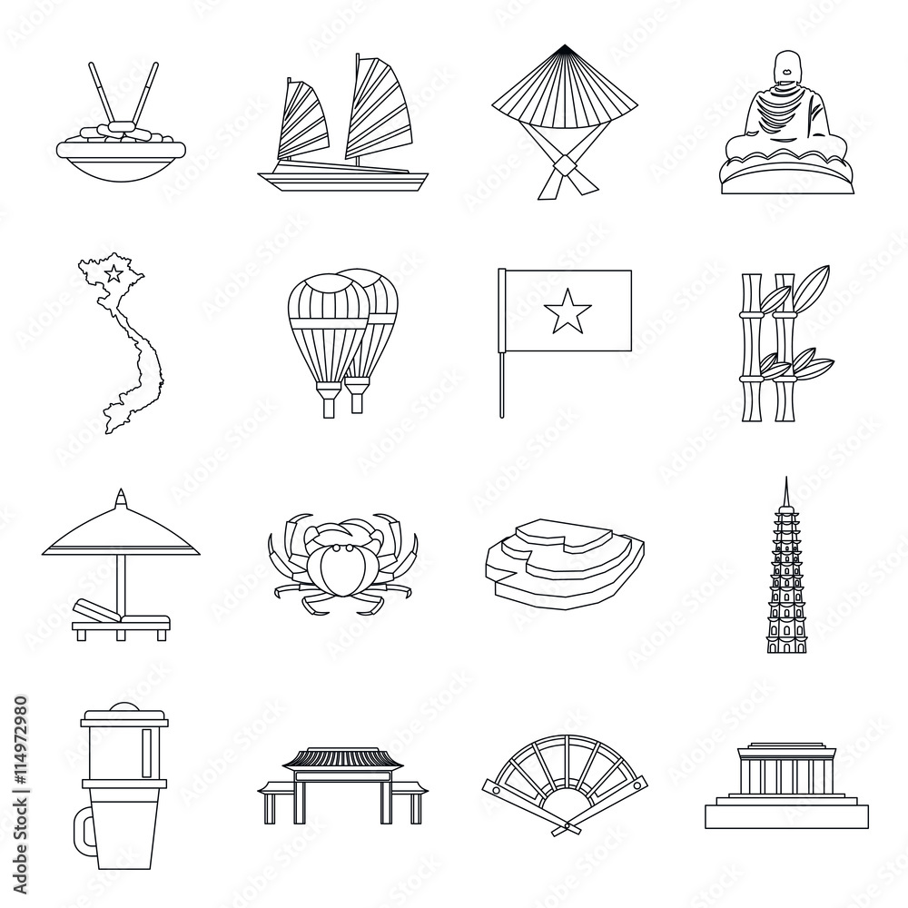 Obraz premium Vietnam travel icons set in outline style isolated vector illustration