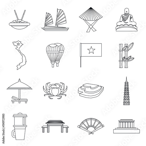 Vietnam travel icons set in outline style isolated vector illustration