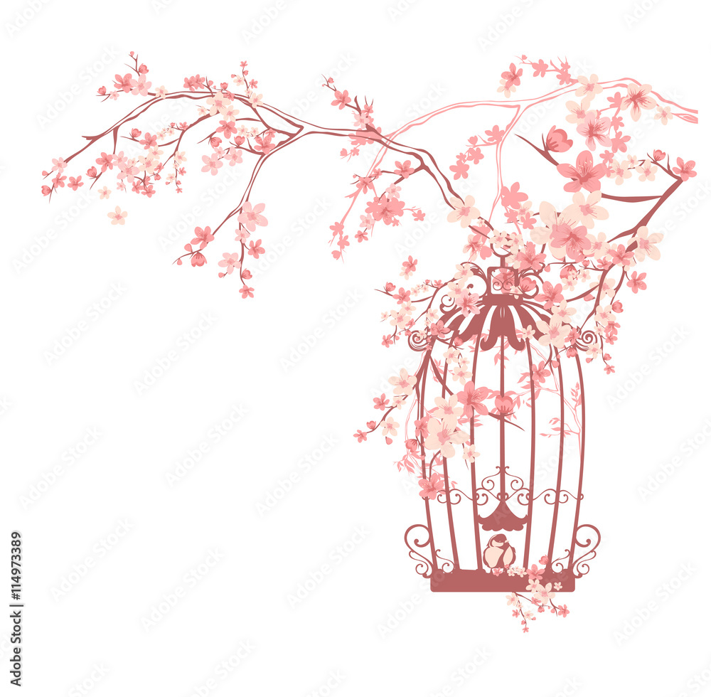 Fototapeta premium sakura flowers and bird cage