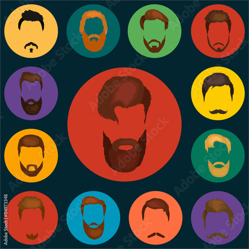 Men cartoon hairstyles with beards and mustache.Vector illustration with isolated hipsters hairstyles on a white background.