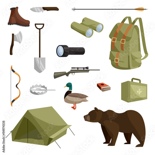 Hunting icons set in cartoon style isolated vector illustration