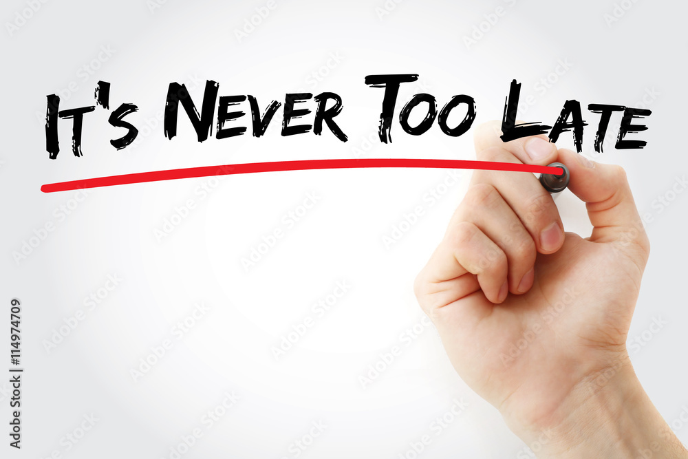 Fototapeta premium Hand writing Its Never Too Late with marker, concept background