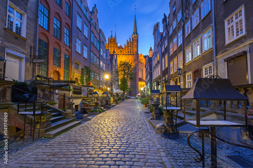 Beautiful architecture of Mariacka (St. Mary) street in Gdansk at night