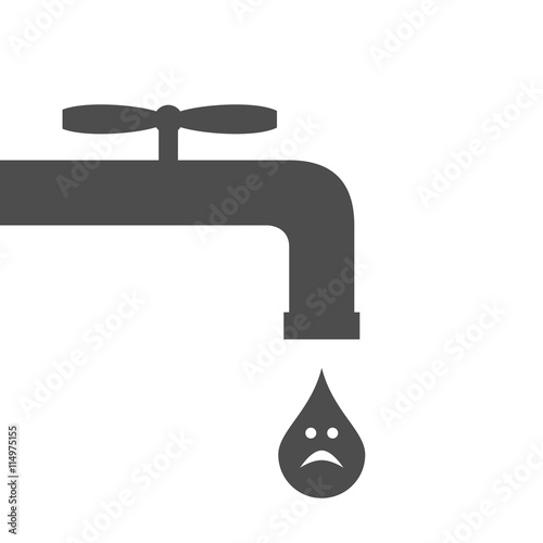 Sad droplet is falling down from old tap. Flat grey isolated vector illustration points to the lack of drinking water in the world.