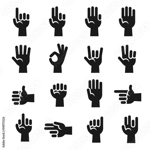 Hands icons set finger counting, stop gesture, devil horns, okay, v sign vector set. Human hand and communication gesture with hand illustration