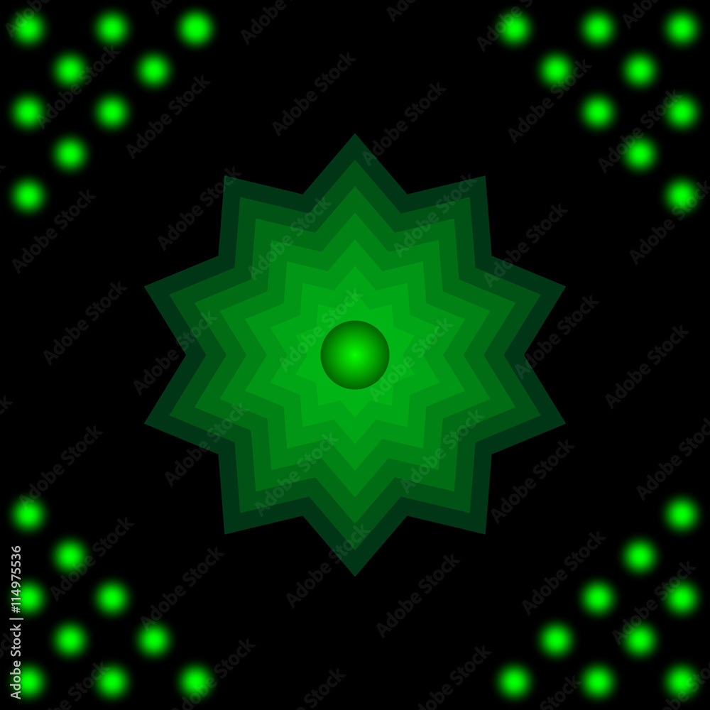 The star with the ball in the center on a dark background.