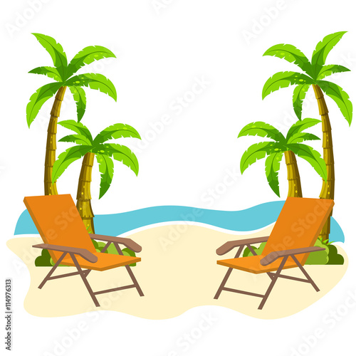 Summer Time in Beach Sea Shore. Time travel. Lounge chair. Vector Illustration.